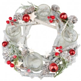 Adventní věnec šedý dřevěný z větviček s červenými baňkami 30 cm