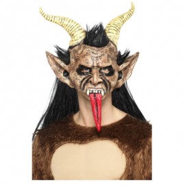 Maska Čert č. 3 Krampus s rohy,vlasy a jazykem