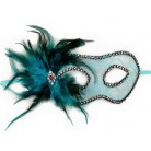 Karnevalová maska - škraboška krajka s peřím tyrkys