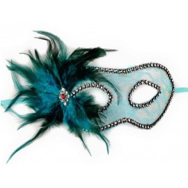 Karnevalová maska - škraboška krajka s peřím tyrkys