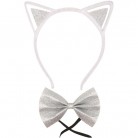 Čelenka s ušima a motýlkem, stříbrná glitrová