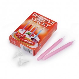 Dortové svíčky bez odkapu s držáky 15 ks růžové